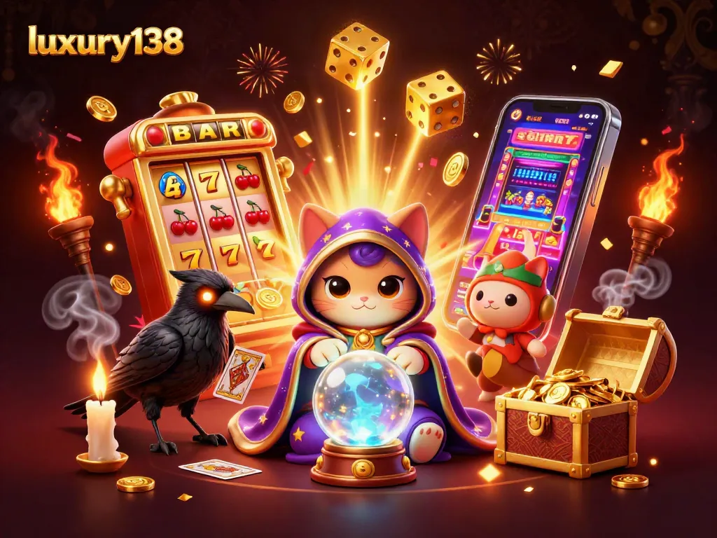 Experience the excitement of luxury138 with a mystical scene filled with fortune, slot machines, and winning symbols.
