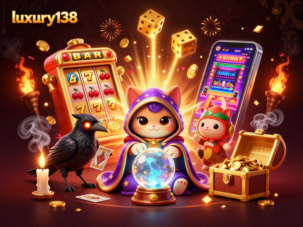 Experience the excitement of luxury138 with a mystical scene filled with fortune, slot machines, and winning symbols.