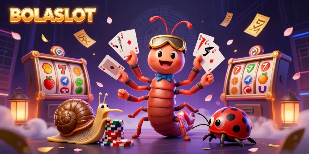 Engage with BOLASLOT's vibrant gameplay featuring 3D characters like a millipede dealer and snail high-roller among colorful slot elements.