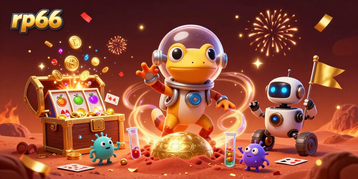 Experience the thrill of rp66 online gaming with animated Martian characters celebrating in a golden casino.