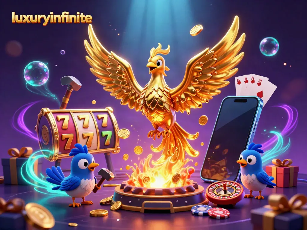 Gambarkan pengalaman bermain interaktif dengan luxuryinfinite menampilkan phoenix emas dan elemen mesin slot.