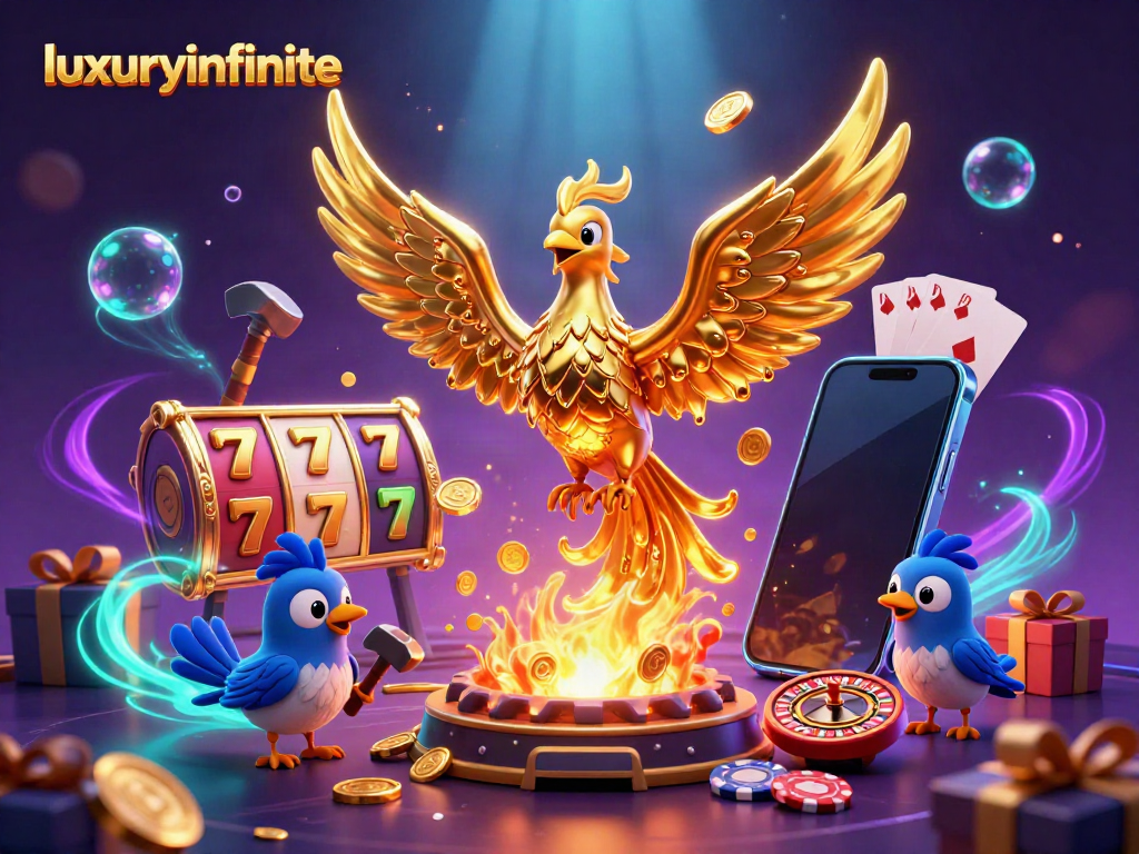 Gambarkan pengalaman bermain interaktif dengan luxuryinfinite menampilkan phoenix emas dan elemen mesin slot.