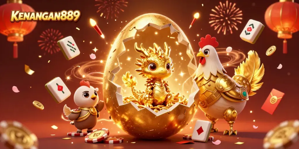 Join the thrilling experience at KENANGAN889 with a majestic golden dragon amidst festivity.
