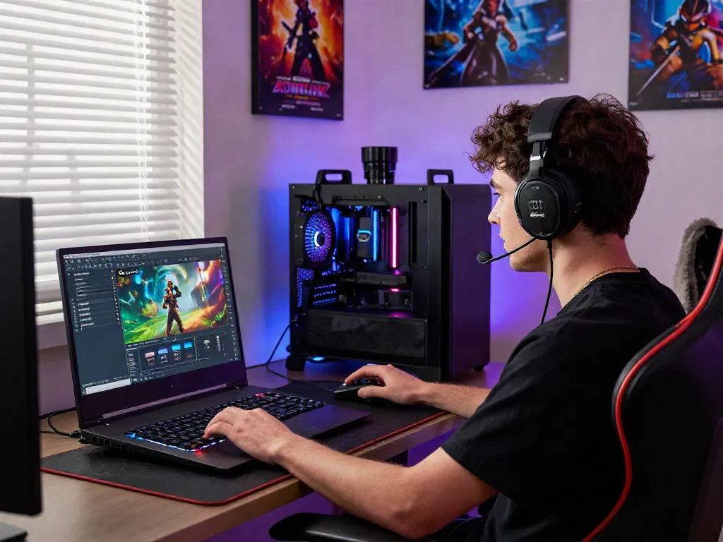 Suasana gaming dengan diana4d di laptop dan gamer fokus di ruangan modern.