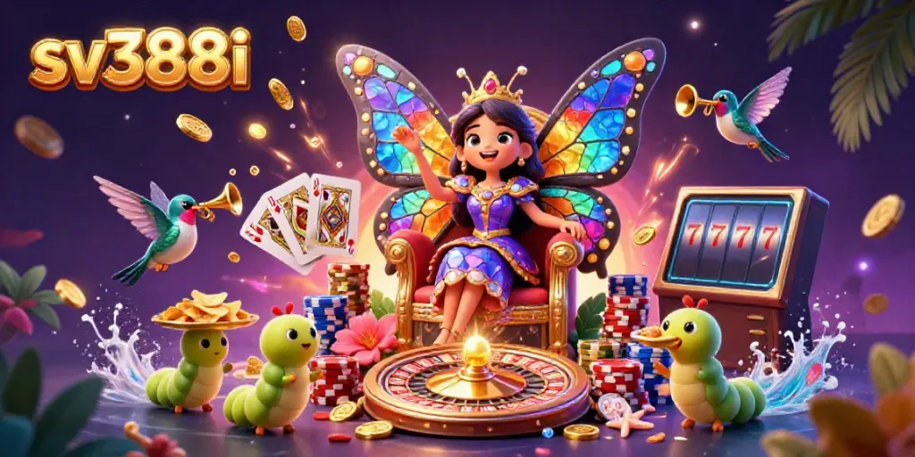 Experience the vibrant world of sv388i with a dazzling 3D illustration showcasing casino excitement and winning potential.
