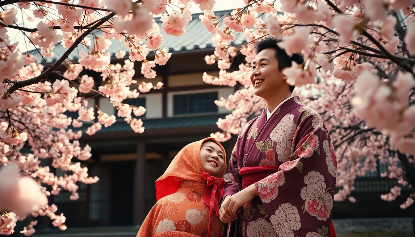 Film Jepang dengan pasangan dalam kimono di bawah pohon sakura.