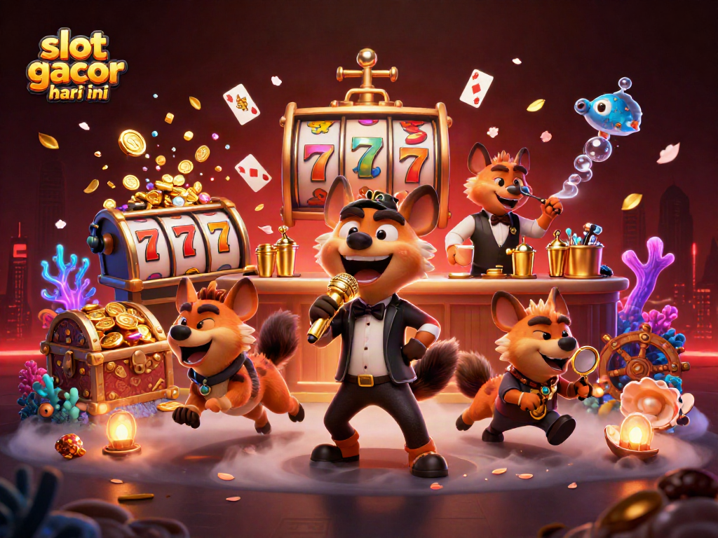 Engage with the vibrant scene of a comedy casino club featuring hyenas and the phrase slot gacor hari ini.