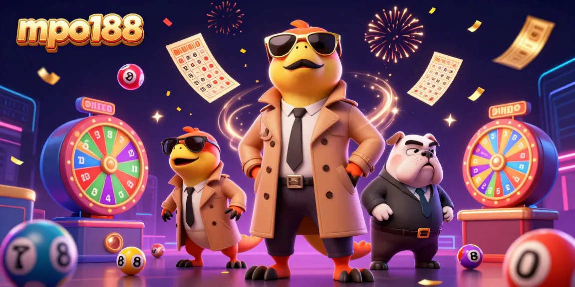 Mpo188 menawarkan suasana bermain lotere dengan raptor kartun dan bouncer di latar belakang.