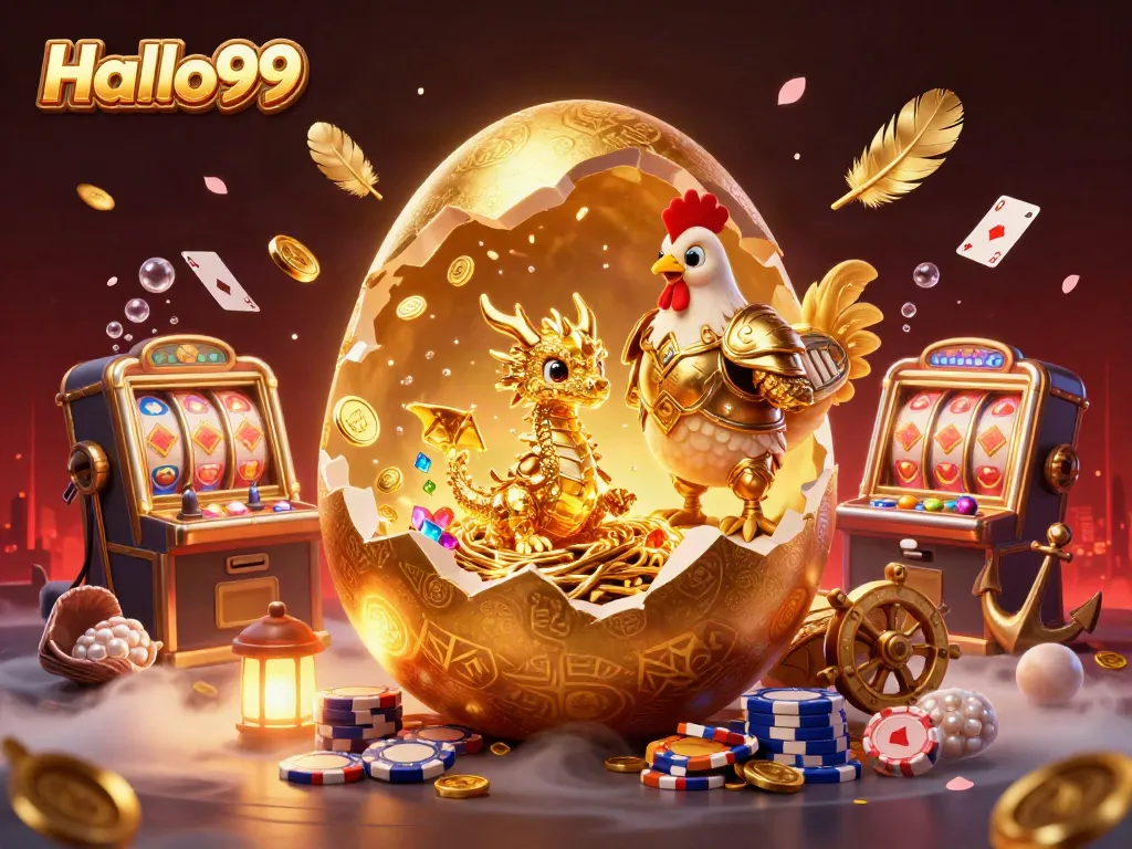 Experience excitement with Halo99's golden dragon and poker chips in a vibrant casino scene.